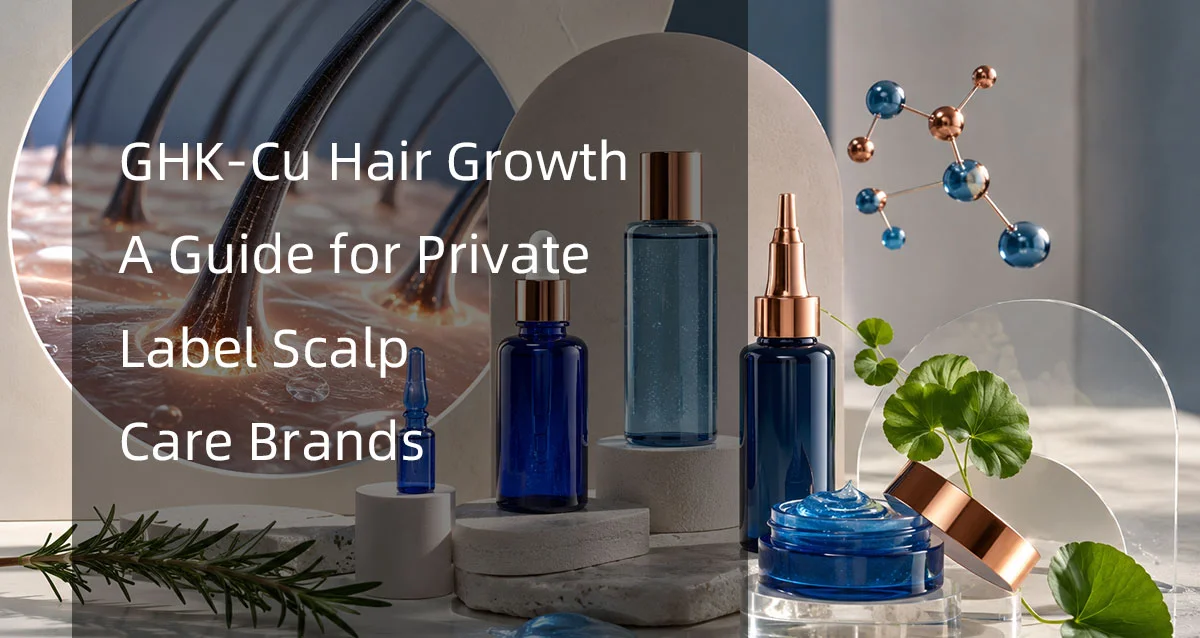 A composition featuring hair care products, GHK-Cu molecule representation, and healthy scalp depiction for private label brand development.
